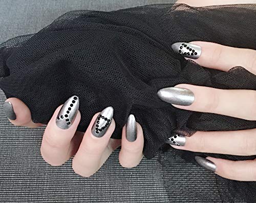 Gris Falso Uñas Stiletto Uñas Postizas Con Negro Rhinestone Nail Tip Nail Art Decor