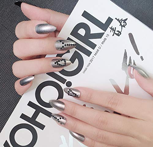 Gris Falso Uñas Stiletto Uñas Postizas Con Negro Rhinestone Nail Tip Nail Art Decor