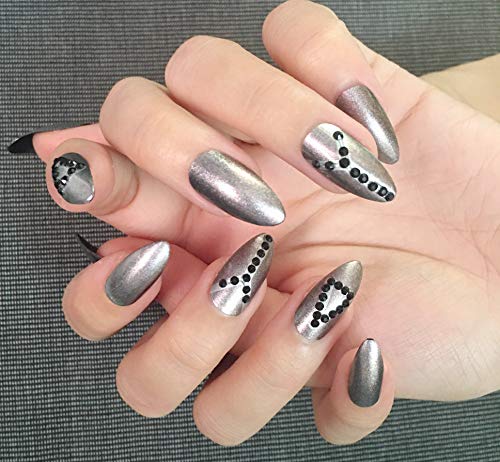 Gris Falso Uñas Stiletto Uñas Postizas Con Negro Rhinestone Nail Tip Nail Art Decor