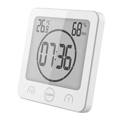 GuDoQi Reloj de Baño, Temporizador de Ducha, Resistente al Agua para Rociar Agua, Pantalla LCD de Termómetro Higrómetro, Ventosa, Reloj de Pared Digital para Ducha, Cocina, Maquillaje (Blanco)