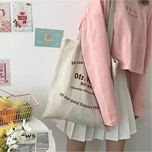 GUTONGHAO Bolso de compras de lona para mujer Bolso de hombro con estampado de letras de París Bolsas de comprador de lino y algodón ecológico Bolso de tela de tela Tote para niñas-Avena_Color_ (lino)