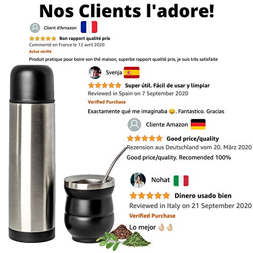 GWATEA Yerba Maté - Kit Calabaza y su Bombilla - Termo, Filtro de Paja de Acero Inoxidable para Beber el Yerba Mate Argentino, Set con Taza de Té de Acero Inoxidable sin mantenimiento