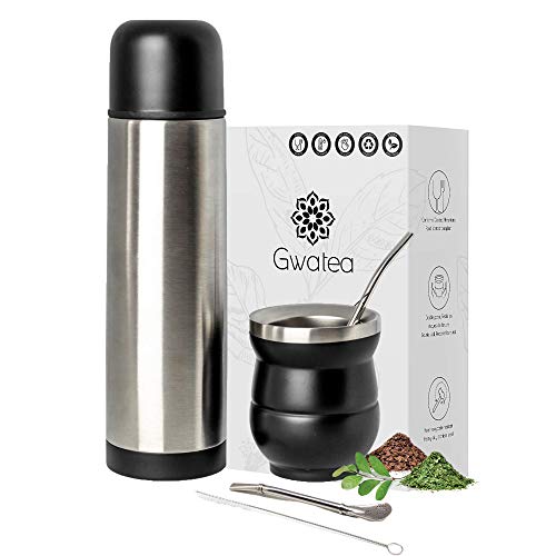 GWATEA Yerba Maté - Kit Calabaza y su Bombilla - Termo, Filtro de Paja de Acero Inoxidable para Beber el Yerba Mate Argentino, Set con Taza de Té de Acero Inoxidable sin mantenimiento