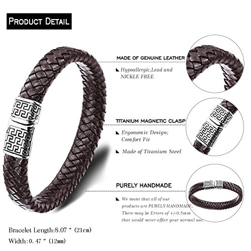 Halukakah ● Solo ● Pulsera Hombre Cuero Genuina Marrón Cierre Magnético Titanio Acero Inoxidable 8.46"(21.5cm) con CajaDeRegaloGRATIS