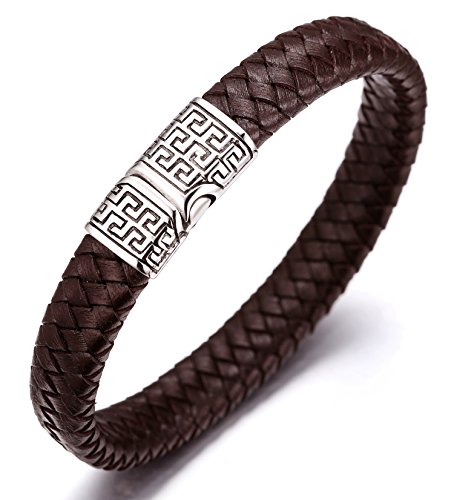 Halukakah ● Solo ● Pulsera Hombre Cuero Genuina Marrón Cierre Magnético Titanio Acero Inoxidable 8.46"(21.5cm) con CajaDeRegaloGRATIS