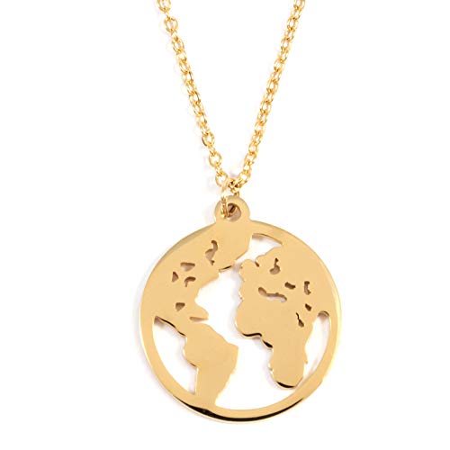 Happiness Boutique Damas Collar con Mapa del Mundo en Color Oro | Collar de Filigrana con Colgante Globo Joyería de Acero Inoxidable