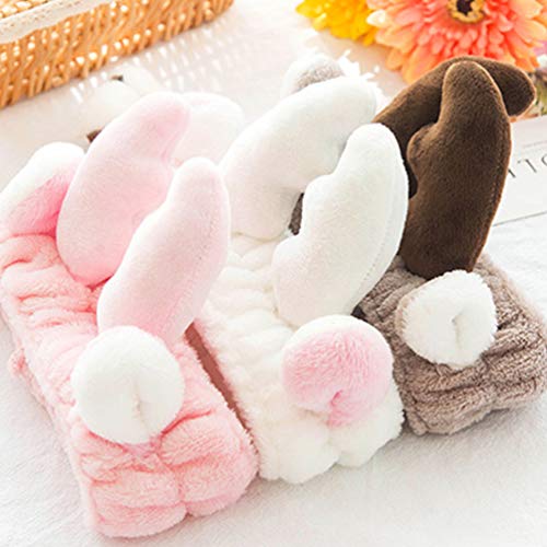 Happyyami 2Pcs Diadema de Lavado de Cara Astas Lindas Elástico Coral Felpa Maquillaje Ducha Sombreros para Mujer Niña (Blanco)