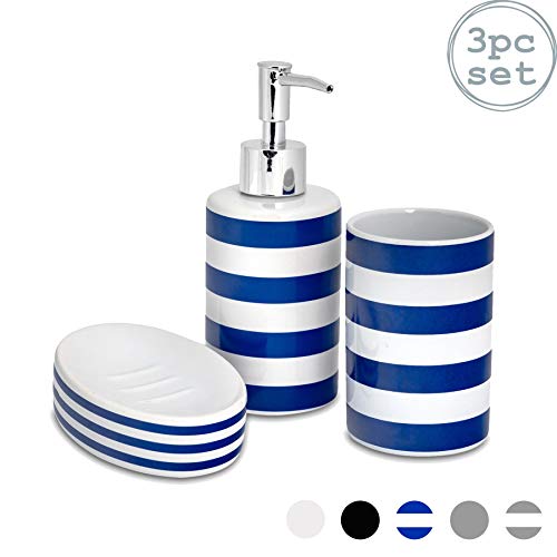 Harbour Housewares Set de baño de 3 Piezas - Dosificador de jabón, Vaso para cepillos de Dientes y jabonera - Rayas Azul Marino
