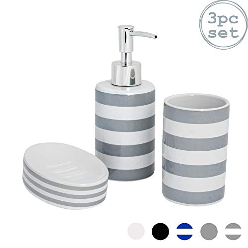 Harbour Housewares Set de baño de 3 Piezas - Dosificador de jabón, Vaso para cepillos de Dientes y jabonera - Rayas Grises
