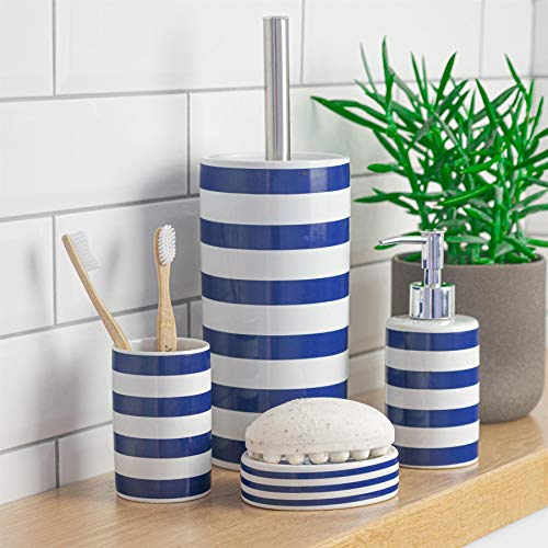 Harbour Housewares Set de baño de 4 Piezas - Dosificador de jabón, Vaso para cepillos de Dientes, jabonera y escobilla - Rayas Azul Marino