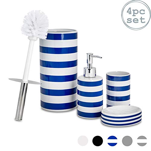Harbour Housewares Set de baño de 4 Piezas - Dosificador de jabón, Vaso para cepillos de Dientes, jabonera y escobilla - Rayas Azul Marino