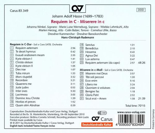 Hasse: Requiem En Do / Dresdner Kammerchor, Dresdner Barockorchester - Rademann