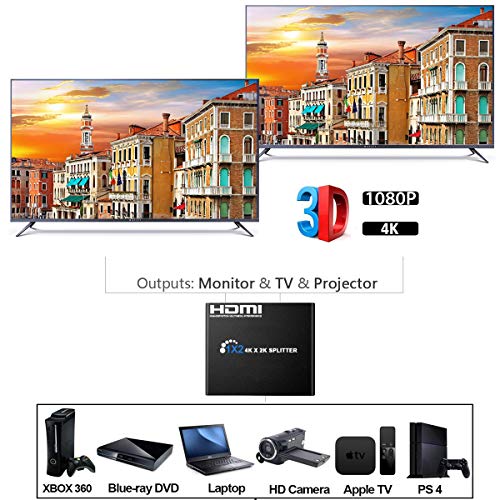 HDMI Splitter 4K Neefeaer 1x2 HDMI Duplicator, Aluminio Splitter 1 Entrada y 2 Salidas HDMI Distribuidor Soporta 4K, 3D, UHD, 1080P, HDCP para Xbox, PS4, PS3, BLU-Ray Player, HDTV, DVD, DVR, Apple TV