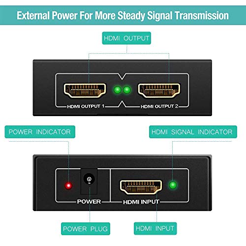 HDMI Splitter 4K Neefeaer 1x2 HDMI Duplicator, Aluminio Splitter 1 Entrada y 2 Salidas HDMI Distribuidor Soporta 4K, 3D, UHD, 1080P, HDCP para Xbox, PS4, PS3, BLU-Ray Player, HDTV, DVD, DVR, Apple TV