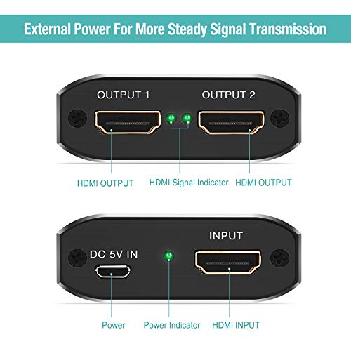 HDMI Splitter 4K Techole Duplicador HDMI 1x2, Aluminio Splitter HDMI 1 Entrada y 2 Salidas Soporta 4K, 3D, UHD, 1080P, HDCP para Xbox, PS4, PS3, BLU-Ray Player, HDTV, DVD, DVR and Apple TV