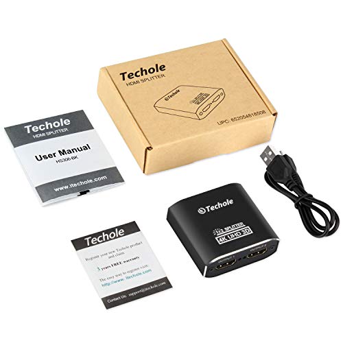 HDMI Splitter 4K Techole Duplicador HDMI 1x2, Aluminio Splitter HDMI 1 Entrada y 2 Salidas Soporta 4K, 3D, UHD, 1080P, HDCP para Xbox, PS4, PS3, BLU-Ray Player, HDTV, DVD, DVR and Apple TV