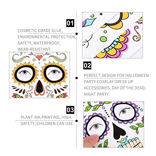 HEALLILY 12 Hojas de Halloween Tatuaje Facial Temporal Gemas Flor Calavera Máscara Facial Completa Maquillaje para Mujeres Decoraciones de Fiesta para Niños (Estilo Aleatorio)