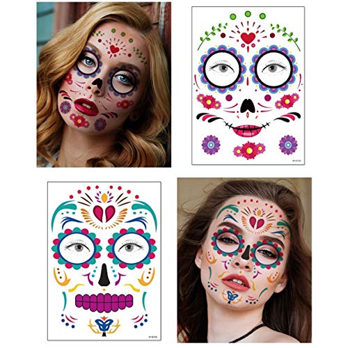 HEALLILY 12 Hojas de Halloween Tatuaje Facial Temporal Gemas Flor Calavera Máscara Facial Completa Maquillaje para Mujeres Decoraciones de Fiesta para Niños (Estilo Aleatorio)