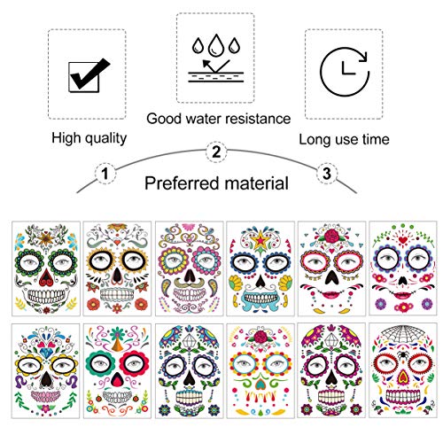 HEALLILY 12 Hojas de Halloween Tatuaje Facial Temporal Gemas Flor Calavera Máscara Facial Completa Maquillaje para Mujeres Decoraciones de Fiesta para Niños (Estilo Aleatorio)