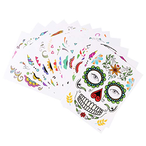 HEALLILY 12 Hojas de Halloween Tatuaje Facial Temporal Gemas Flor Calavera Máscara Facial Completa Maquillaje para Mujeres Decoraciones de Fiesta para Niños (Estilo Aleatorio)