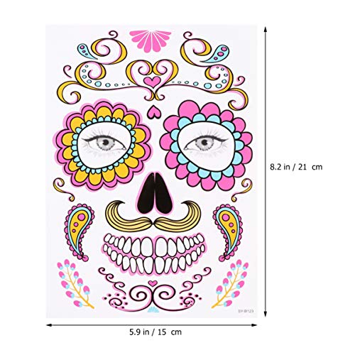 HEALLILY 12 Hojas de Halloween Tatuaje Facial Temporal Gemas Flor Calavera Máscara Facial Completa Maquillaje para Mujeres Decoraciones de Fiesta para Niños (Estilo Aleatorio)