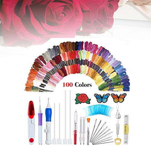 HEALLILY Kit de bordado de aguja de perforación Magic Embroidery Pen Set de aguja de perforación con hilos para bordado de arranque 136 piezas