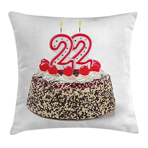 Heekie Funda de cojín 22nd Birthday Decorations Throw Pillow Cushion Cover, Chocolate and Cake with Cherries and Candles Festive Year Display, Decorative Square Accent Pillow Case, Multicolor