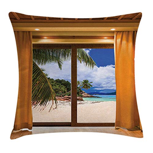 Heekie Funda de cojín Beach Throw Pillow Cushion Cover, Tropical Exotic Seashore View from Window with Curtains Summer Island Ocean Picture, Decorative Square Accent Pillow Case, Multicolor