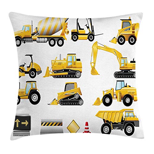 Heekie Funda de cojín Boy's Throw Pillow Cushion Cover, Yellow Colored Construction Site Machinery and Signs Cartoon Illustration, Decorative Square Accent Pillow Case, Earth Yellow Black Red