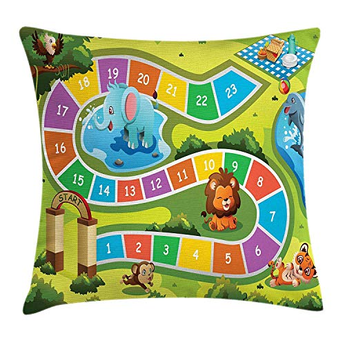 Heekie Funda de cojín Kid's Activity Throw Pillow Cushion Cover, Picnic in The Forrest Colorful Pathway to The Blanket with Friendly Animals, Decorative Square Accent Pillow Case, Multicolor