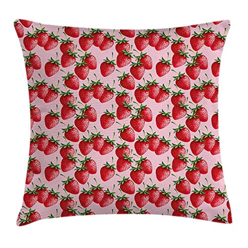 Heekie Funda de cojín Red Throw Pillow Cushion Cover, Delicious Big Strawberries on Pink Background Tasty Juicy Sweet Ripe Summer Fruits, Decorative Square Accent Pillow Case, Red Green Pink