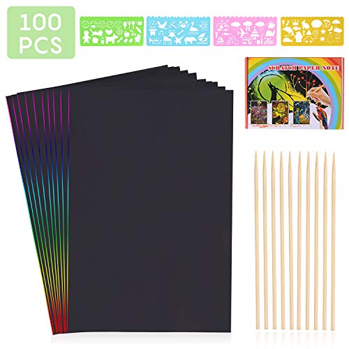 HellDoler Manualidades para Niños,100 Hojas Manualidades para Rascar Scratch Art Cuadernos para Dibujar Papel de Rascar Incluye 4 Plantillas de Plantillas de Dibujo y 10 Lápices de Madera