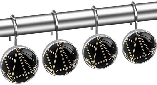 HEOH Ganchos para Cortinas de Ducha - Paladio Negro y Dorado geométrico - Juego de 12 Anillos de Ducha para Barra de Cortina de Ducha para baño - 100% a Prueba de Herrumbre