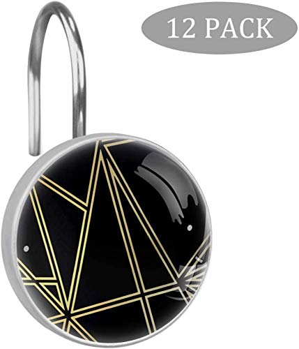 HEOH Ganchos para Cortinas de Ducha - Paladio Negro y Dorado geométrico - Juego de 12 Anillos de Ducha para Barra de Cortina de Ducha para baño - 100% a Prueba de Herrumbre