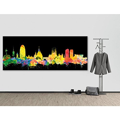 Hermano artificial – Barcelona Skyline – Neon (varios Grössen) 3D - Lienzo de impresión artística sobre lienzo (20 x 50 cm)