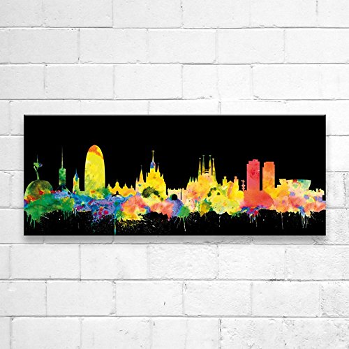 Hermano artificial – Barcelona Skyline – Neon (varios Grössen) 3D - Lienzo de impresión artística sobre lienzo (20 x 50 cm)