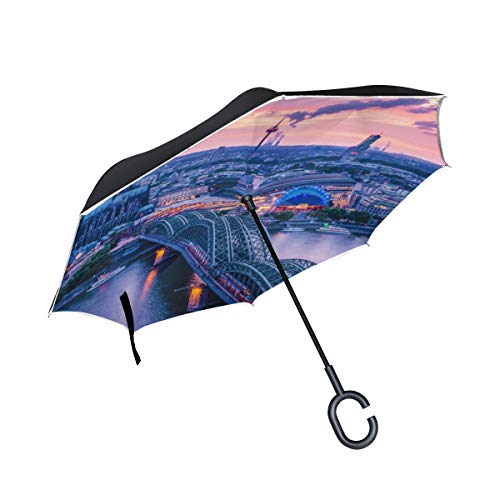 Hermosa y romántica Catedral de Colonia Doble Capa Plegable Protección contra Rayos Ultravioleta Lluvia a Prueba de Viento Coches Rectos Golf Paraguas invertido invertido Soporte con Forma de C