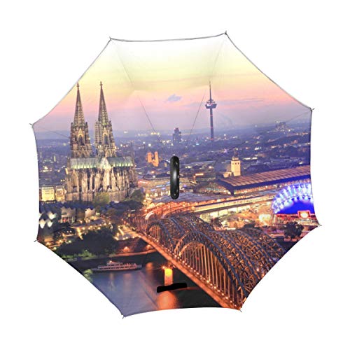 Hermosa y romántica Catedral de Colonia Doble Capa Plegable Protección contra Rayos Ultravioleta Lluvia a Prueba de Viento Coches Rectos Golf Paraguas invertido invertido Soporte con Forma de C