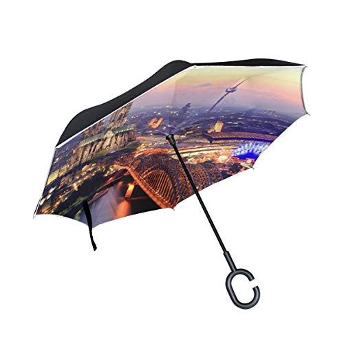 Hermosa y romántica Catedral de Colonia Doble Capa Plegable Protección contra Rayos Ultravioleta Lluvia a Prueba de Viento Coches Rectos Golf Paraguas invertido invertido Soporte con Forma de C