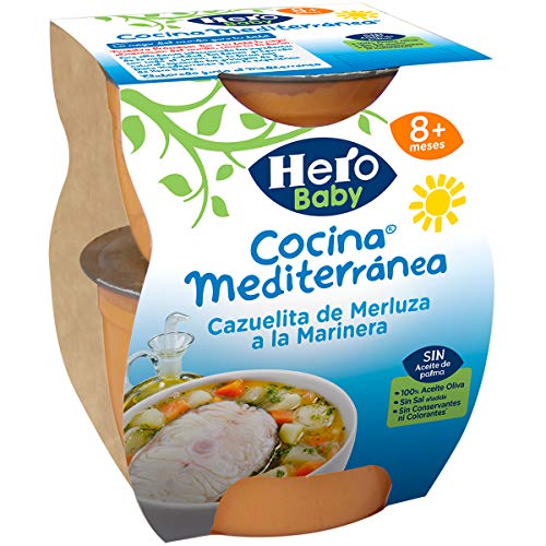 Hero Baby Cocina Mediterránea Cazuelita de Merluza a la Marinera Tarritos de Puré para Bebés a partir de 8 meses Pack de 6 u de 2 x 200 g
