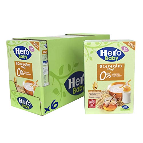 Hero Baby - Papilla de 8 Cereales con Miel sin Azúcares Añadidos, para Bebés a Partir de los 6 Meses - Pack de 6 x 340 g