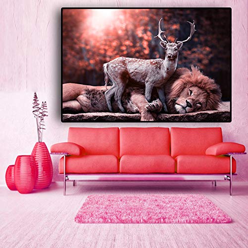 hetingyue Bosque Ciervo y león Paisaje Animal Lienzo Pintura Carteles e Impresiones escandinavo salón Mural 60X90cm