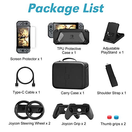 HEYSTOP Kit de Accesorios 12 en 1 para Nintendo Switch, con Funda de Transporte, TPU Cubierta Protectora, Joy-con Grip y Volante, Soporte,Protector de Pantalla, Apretones de Pulgar, Cable USB