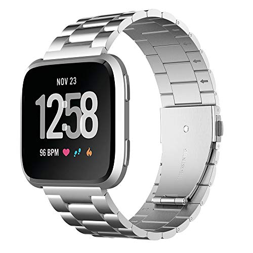 Hianjoo Correa Compatible con Fit bit Versa 2, Pulsera de Repuesto de Acero Inoxidable Hebilla Metal Banda Correas Compatible con Fit bit Versa/Versa Lite, 5.5"-8.5", Plata