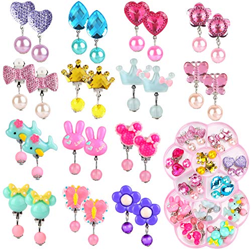 Hifot 14 Pares Pendientes de Clip Pendientes de diseño sin Perforaciones Vestir Accesorios de joyería Princesa para niñas niños pequeños en 2 Cajas claras