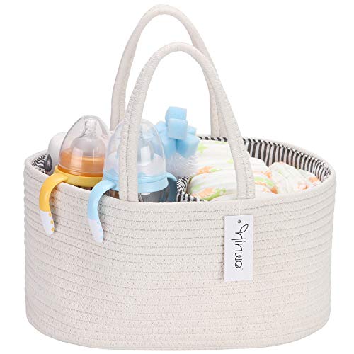 Hinwo Baby Diaper Caddy 3-Compartimento Recipiente para bebés Tote Bin almacenamiento Organizador portátil automóvil Recién nacido Cesta regalo Cuerda algodón divisor desmontable pañales y toallitas
