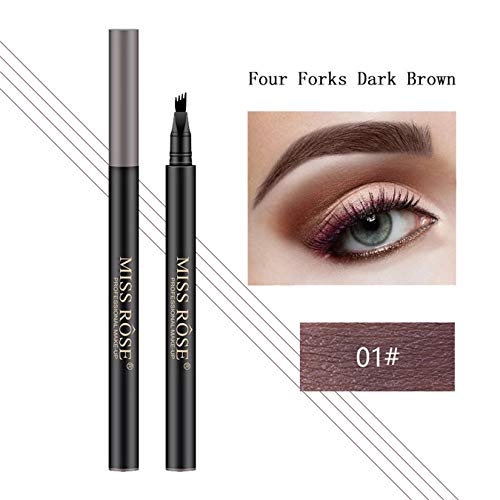 HIROCK Lápiz de cejas, lápiz de cejas líquido con (tres/cuatro) tenedor, lápiz de cejas tatuaje impermeable para maquillaje de ojos (01Marrón oscuro)