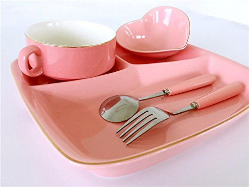 HJXJXJX Baby placa de cerámica sub-cuadrícula de color puro hogar creativo de 12 pulgadas bandeja de arroz bandeja separada , Pink