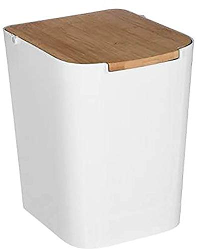 Hogar y Mas Papelera Blanca con Tapa Madera Bambú, Cubo Basura 5L.