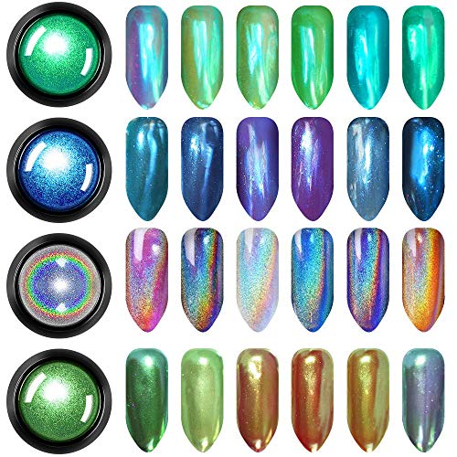 Holográfica Polvo de uñas de cromo - DRMODE 4 Colores 1g/Jar Best 2020 Nail Trends Metallic Chrome Powder &s Rainbow Unicorn Synthetic Resin Powder for Mirror Effect Nails Chrome Manicure Pigment